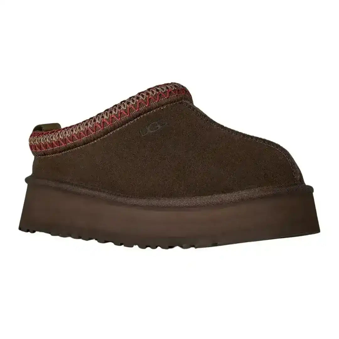 UGG Tazz dark brown suede clogs with embroidered braid collar, a must-have for those who love versatile and comfortable dark footwear.