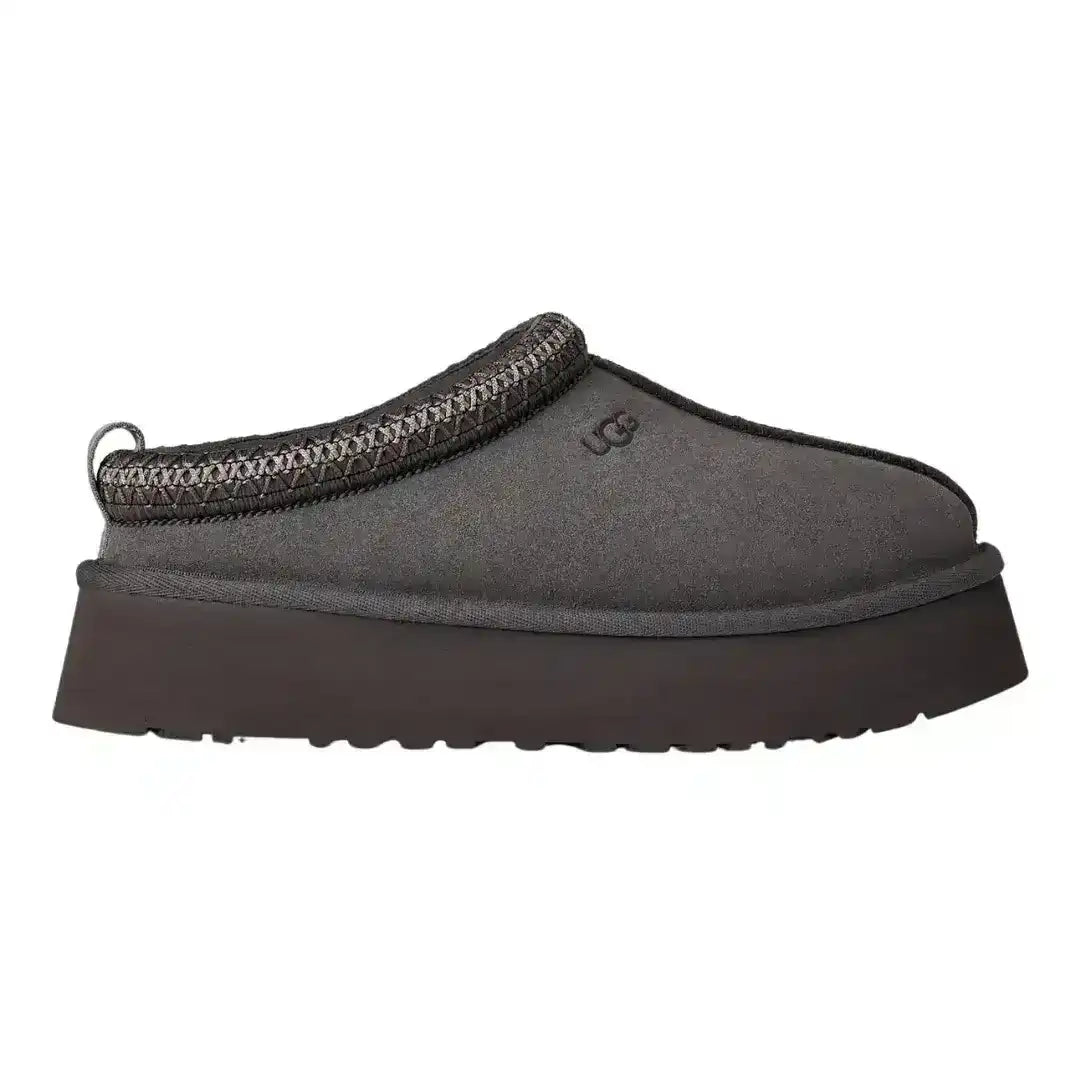 Women's UGG Tazz dark grey suede slippers with chunky sole, trending footwear for casual street style and cozy home lounging comfortably.