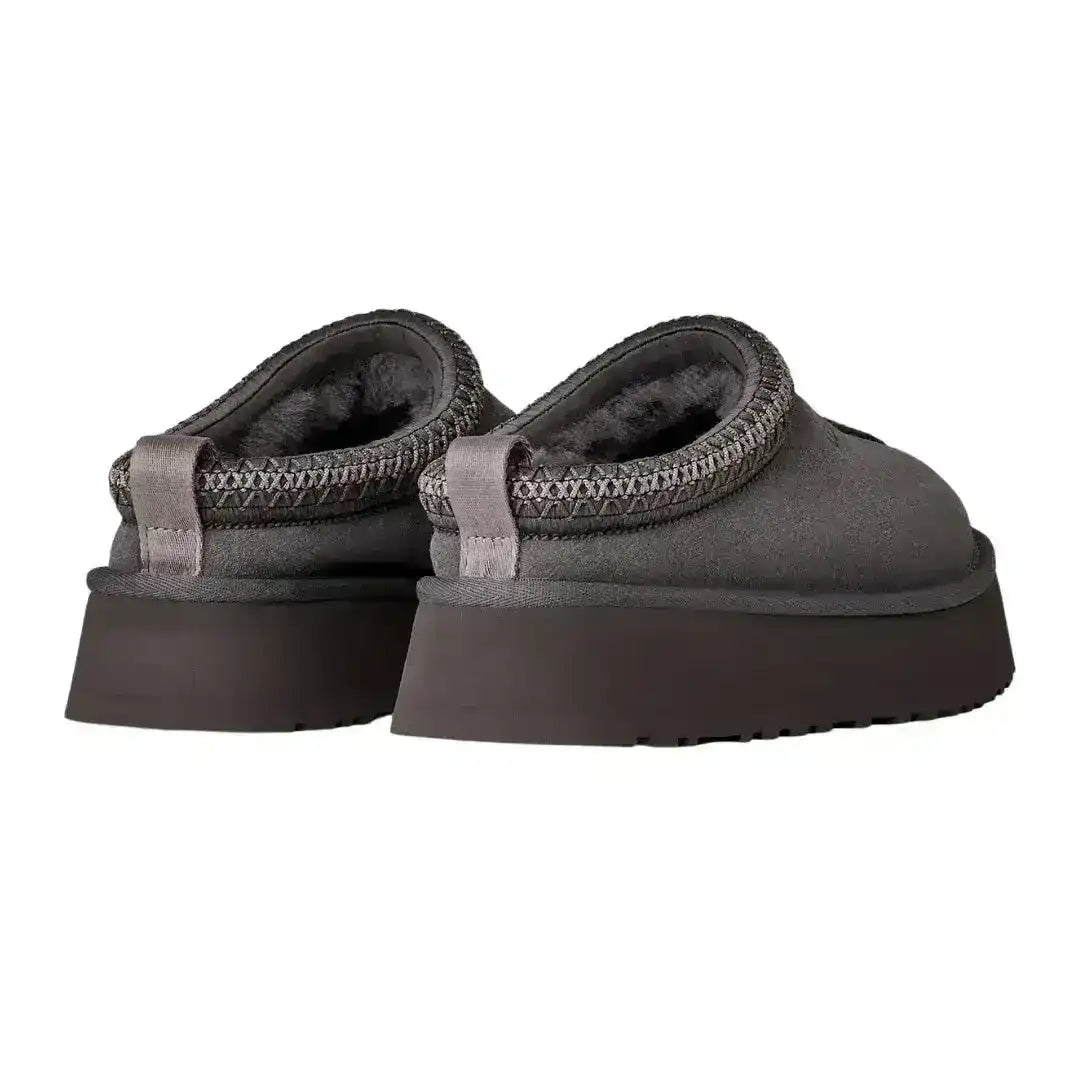 UGG Tazz dark grey suede clogs with embroidered braid collar, a must-have for those who love versatile and comfortable neutral footwear.