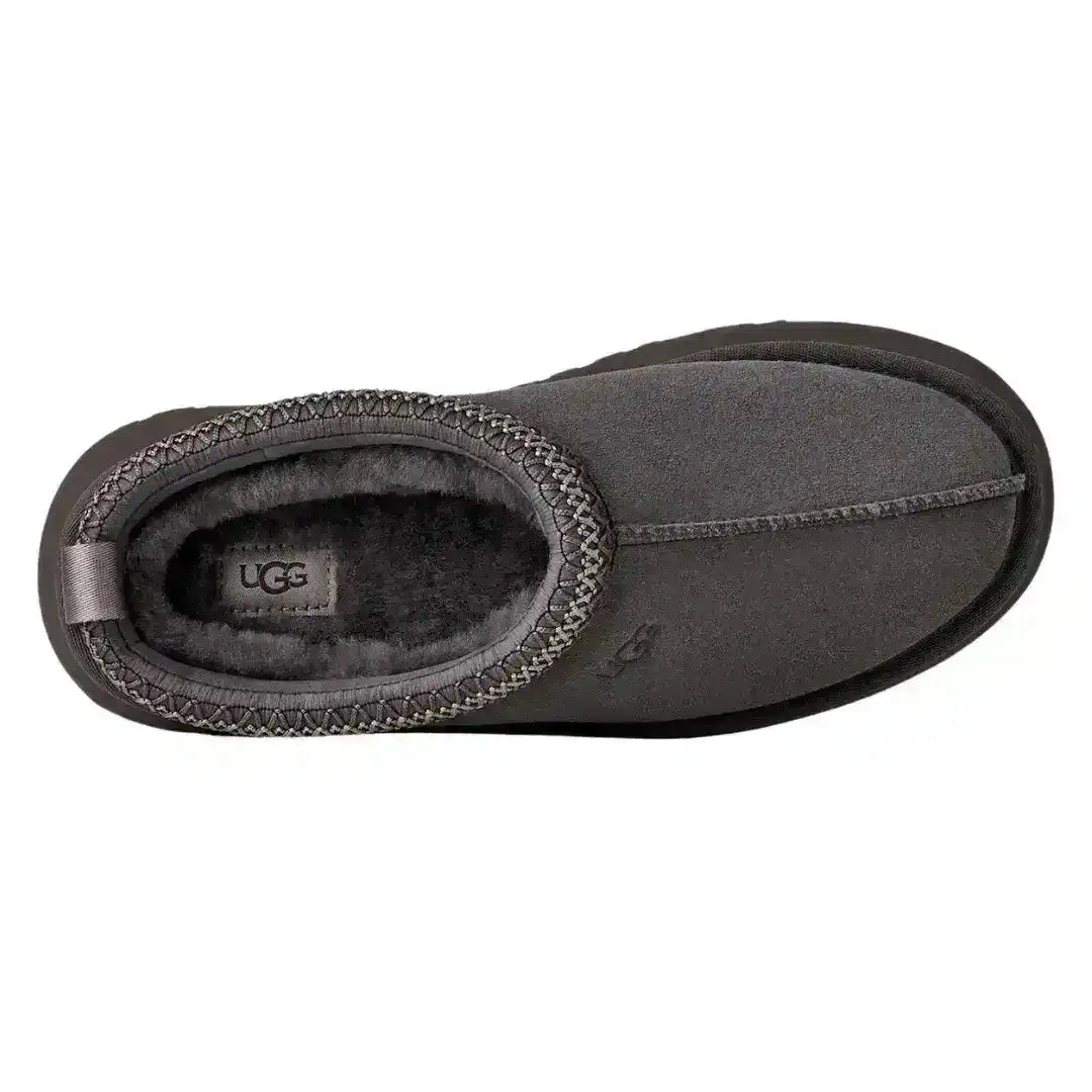 Dark grey UGG Tazz suede mules with contrasting braid stitching, offering a subtle pop of detail to a classic winter shoe silhouette.