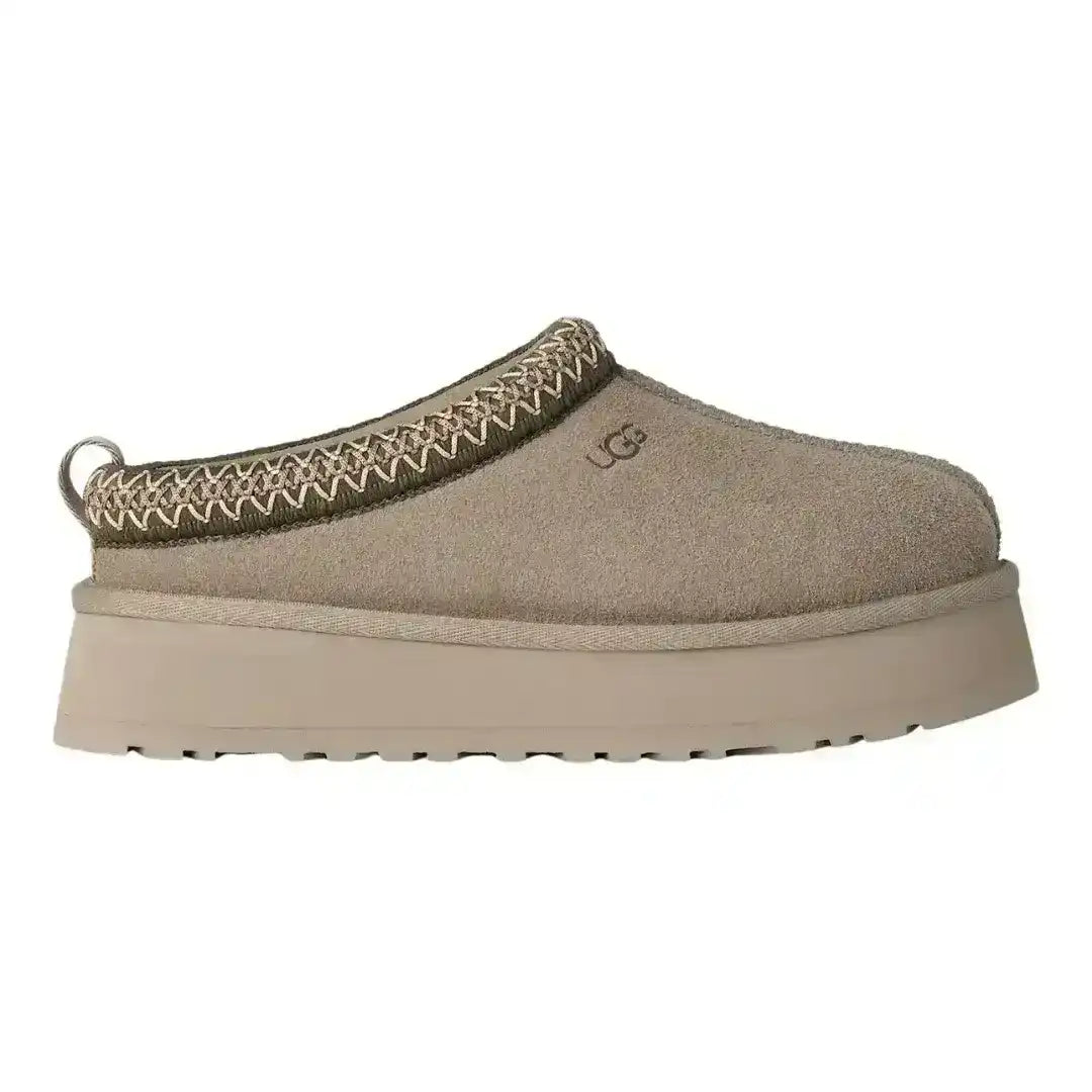 UGG Tazz sand suede slippers with embroidered collar, perfect for spring transition outfits and cozy summer evenings outside everyday.