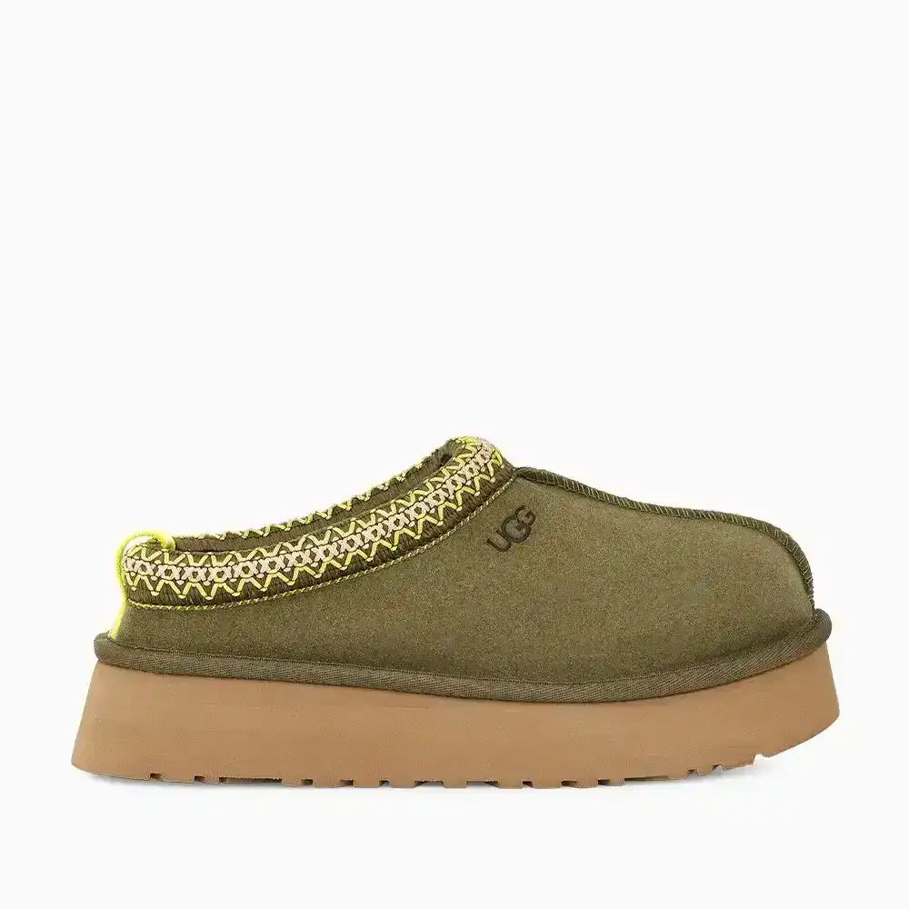 Sleek olive green UGG Tazz mule slippers with platform bottom, ideal for elevating simple leggings and hoodie outfits instantly right now.