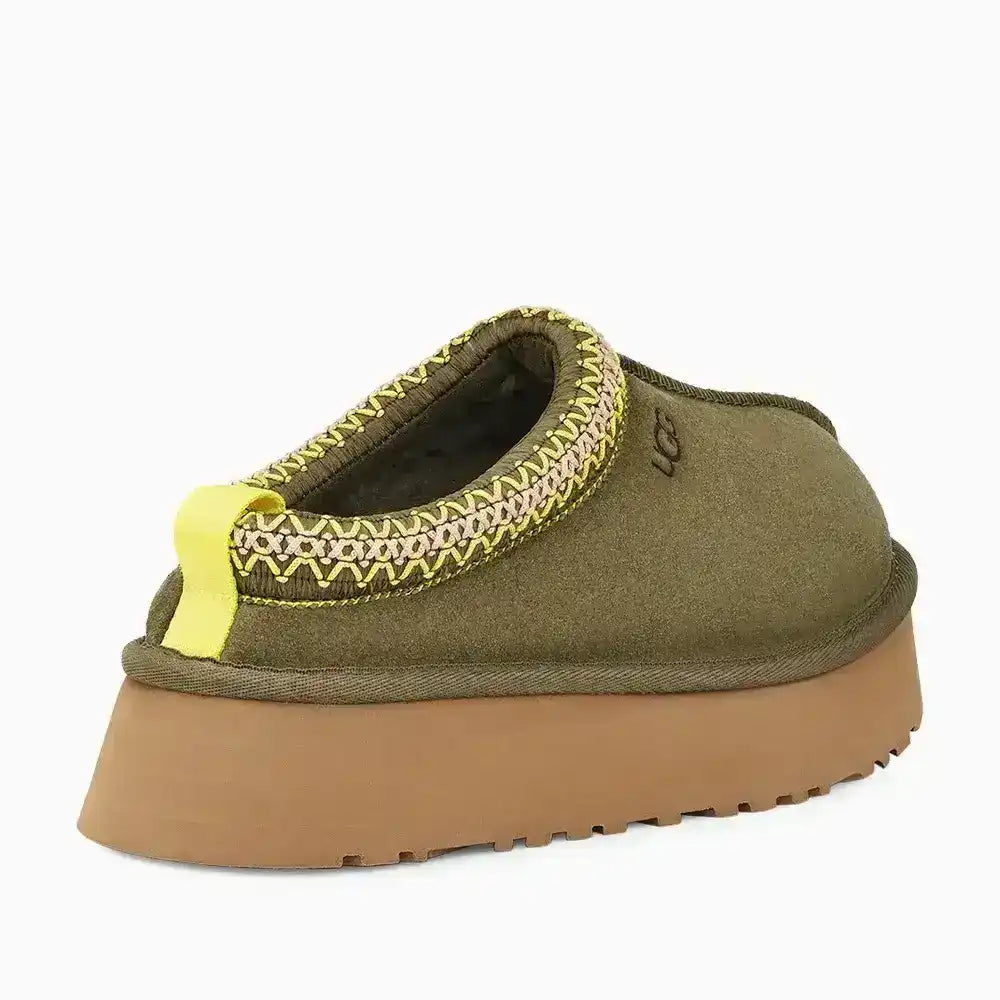 UGG Tazz moss green suede clogs with embroidered braid collar, a must-have for those who love versatile and comfortable earth footwear.