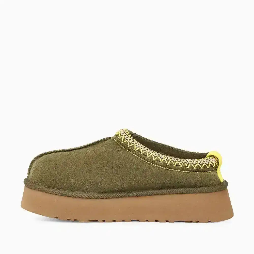 Stylish moss green UGG Tazz slippers featuring a thick platform sole, perfect for adding height and style to your daily casual look.