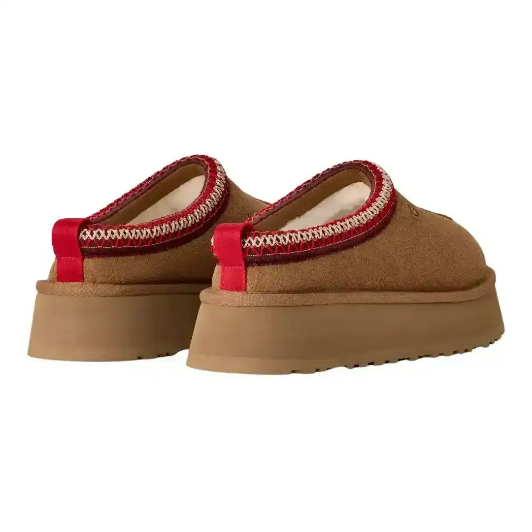 Women's UGG Tazz suede mules in sand beige with chunky sole, trending choice for vanilla girl aesthetic and light winter wardrobes.