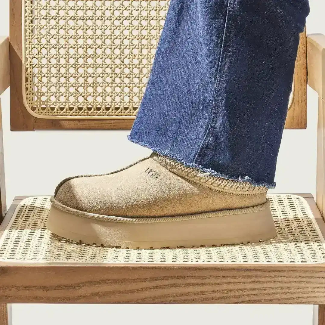 Platform slip-on slippers with a fuzzy collar, product and styling views.