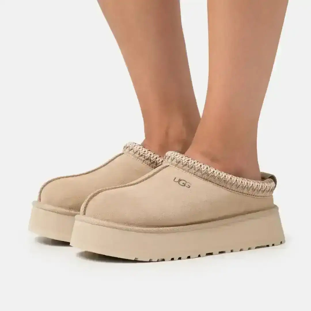 Platform slip-on slippers with a fuzzy collar, product and styling views.
