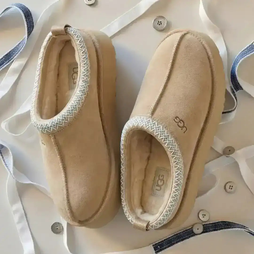 Platform slip-on slippers with a fuzzy collar, product and styling views.