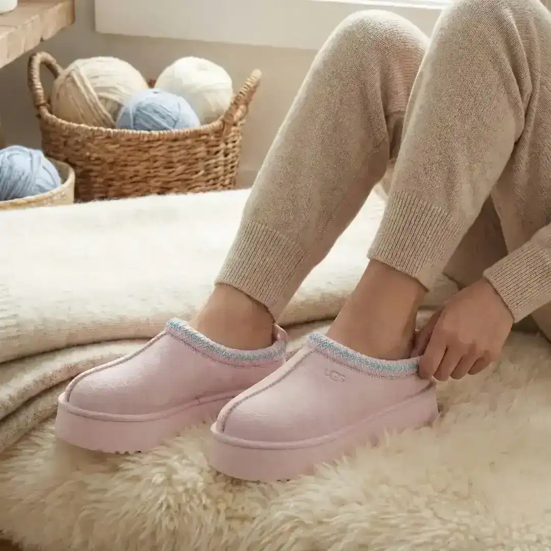 Platform slip-on slippers with a fuzzy collar, product and styling views.