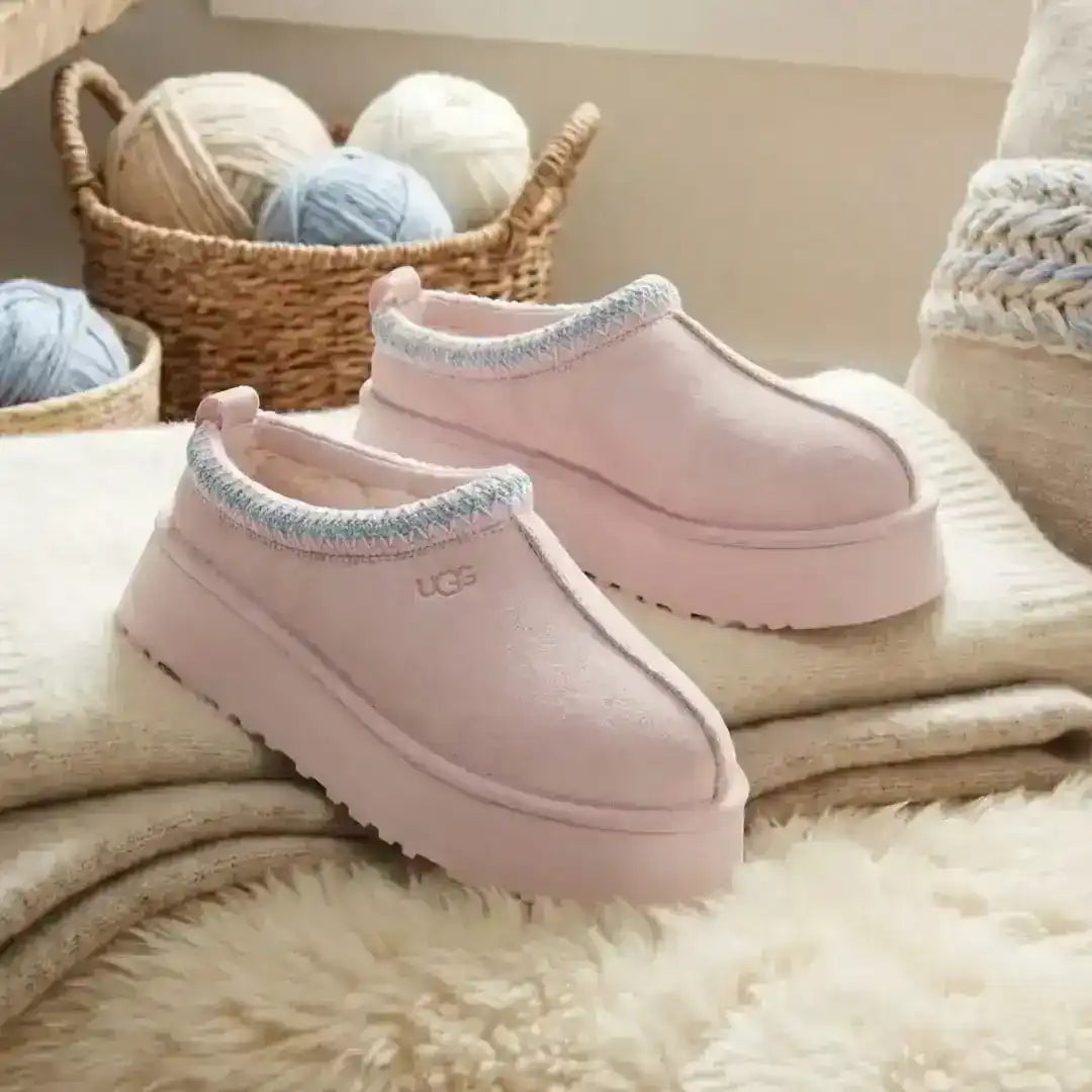 Platform slip-on slippers with a fuzzy collar, product and styling views.