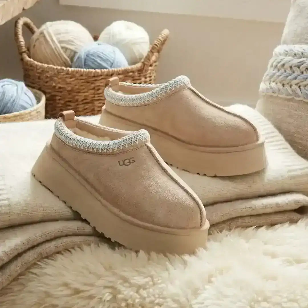 Platform slip-on slippers with a fuzzy collar, product and styling views.