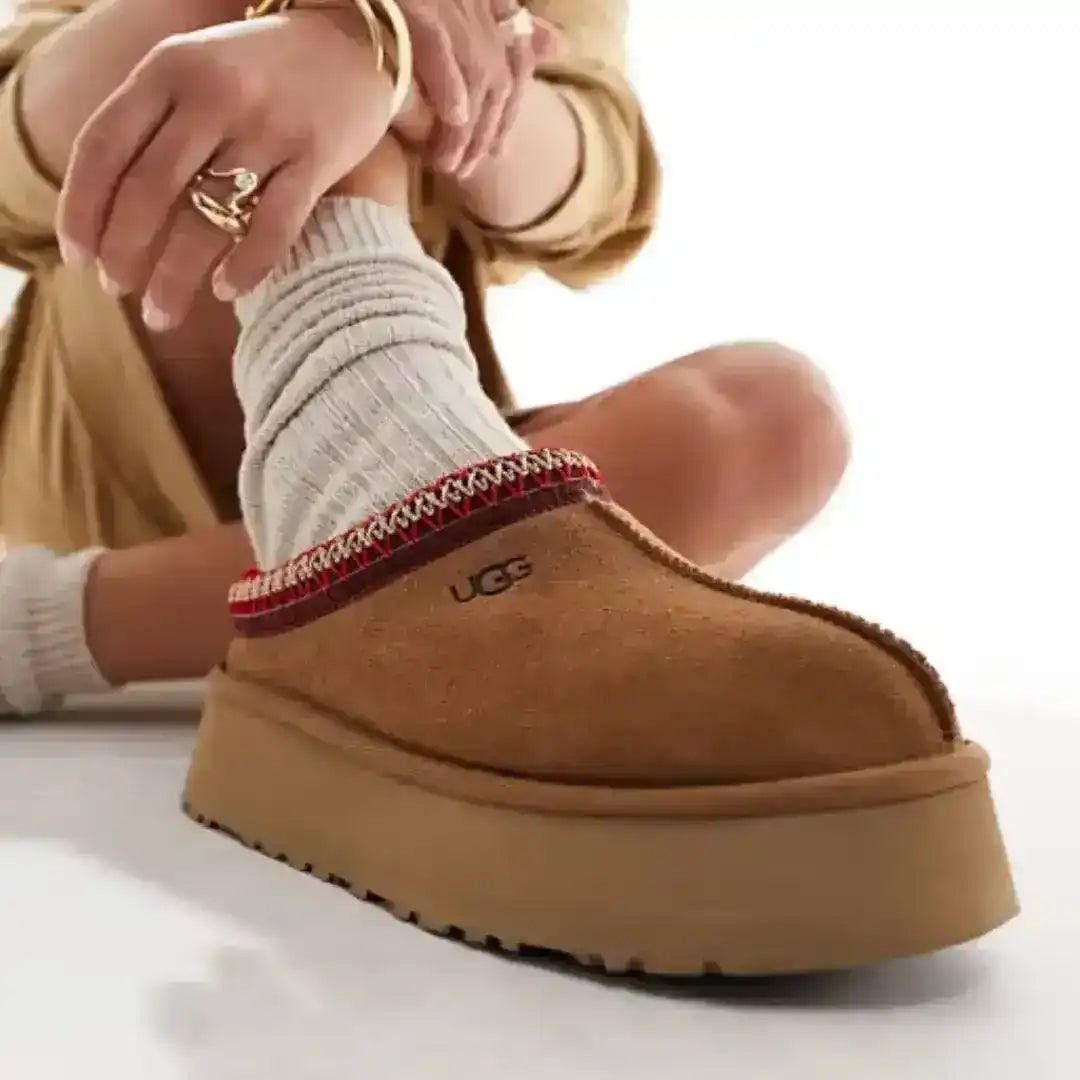 Platform slip-on slippers with a fuzzy collar, product and styling views.