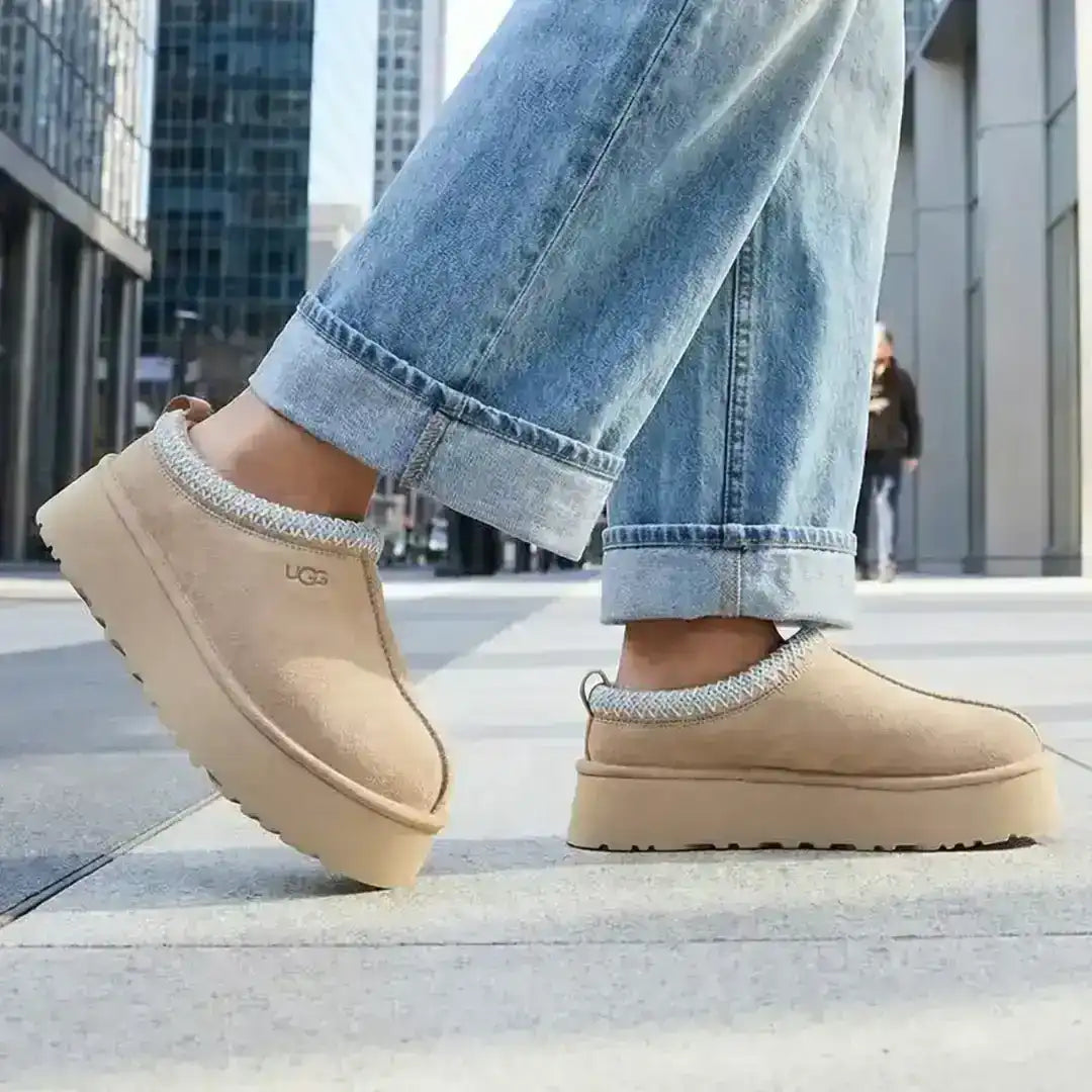Platform slip-on slippers with a fuzzy collar, product and styling views.