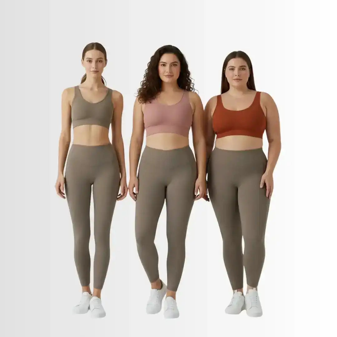 High-waisted leggings with curved seams, product and model views.
