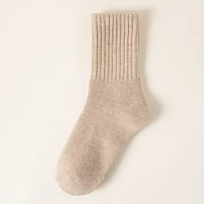 Ribbed crew socks in neutral colors, product and styling views.