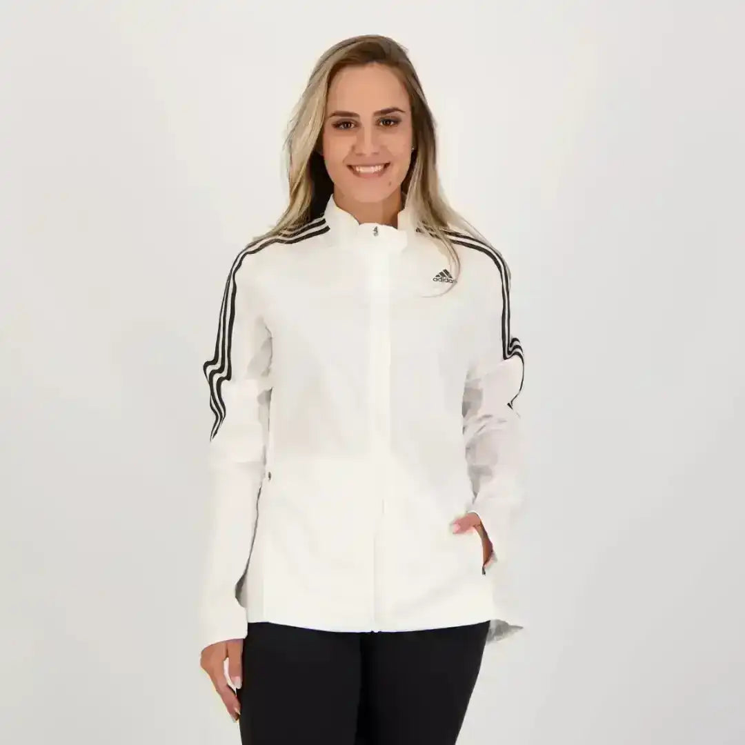Adidas white zip-up jacket with classic three-stripe design
