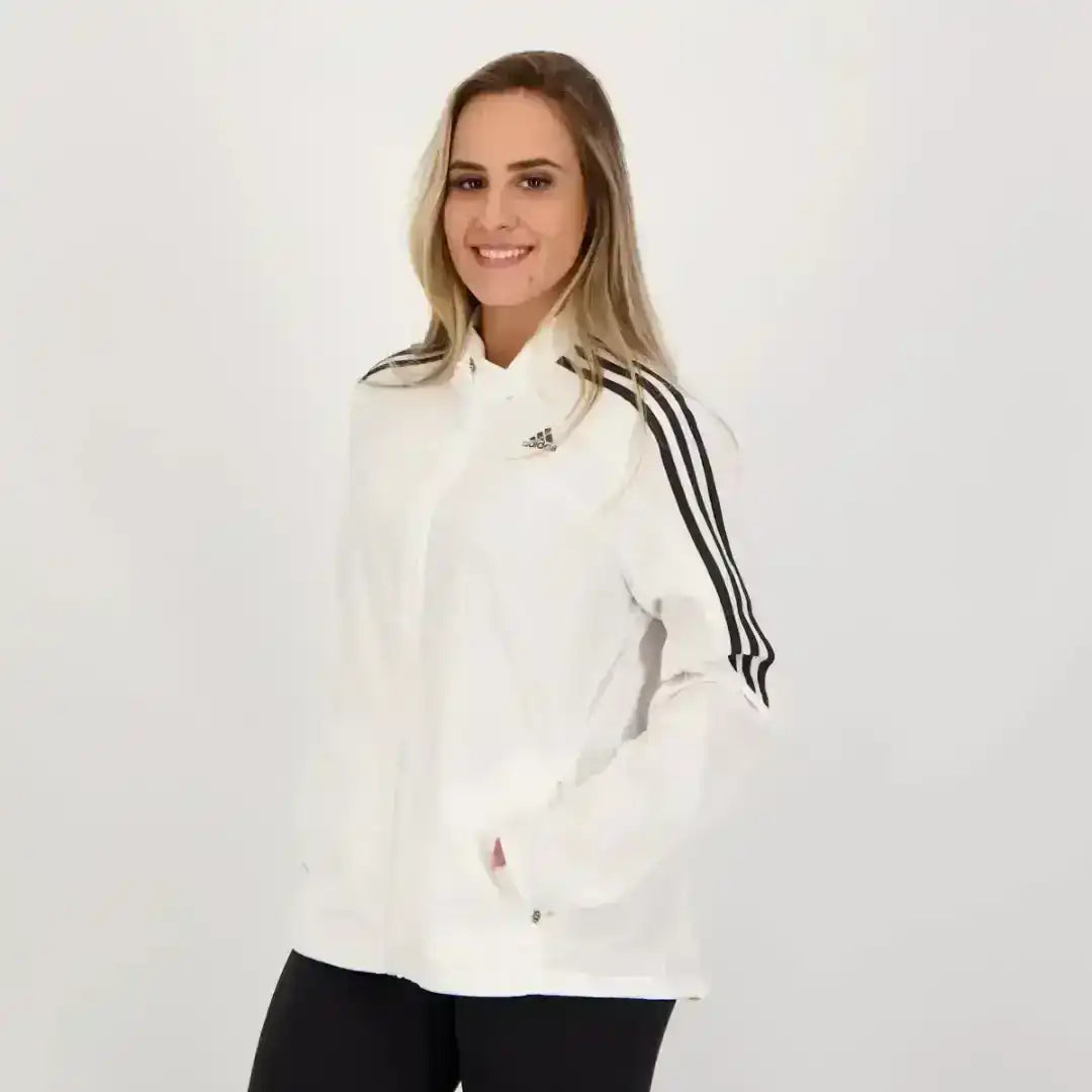 Adidas white sports jacket with high collar and minimalist logo
