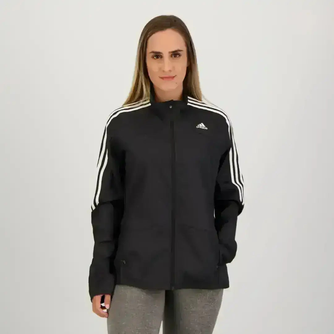 Adidas black zip-up jacket with classic three-stripe detail