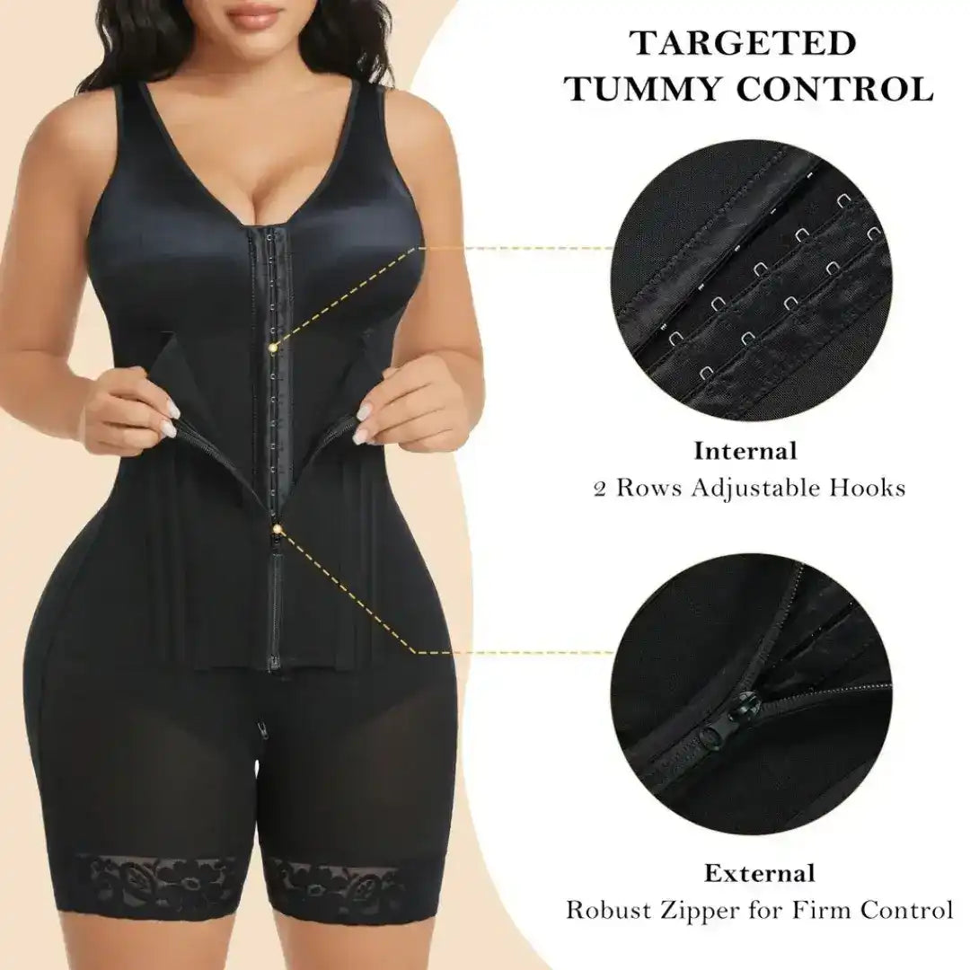 Annotated black zip-front bodysuit graphic with closure detail panels.