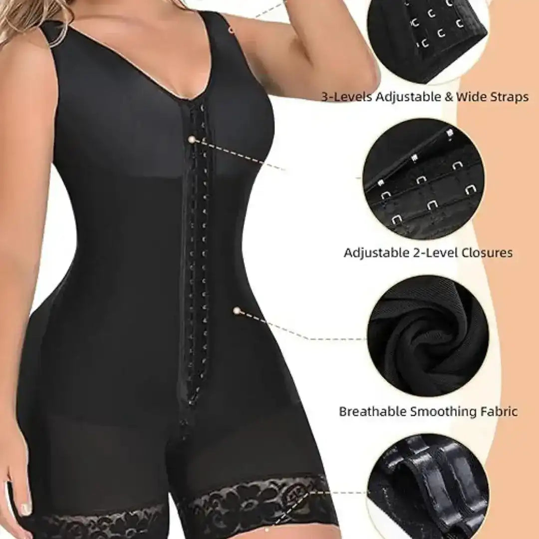 Zip-front shaping bodysuit with shoulder straps and short legs.