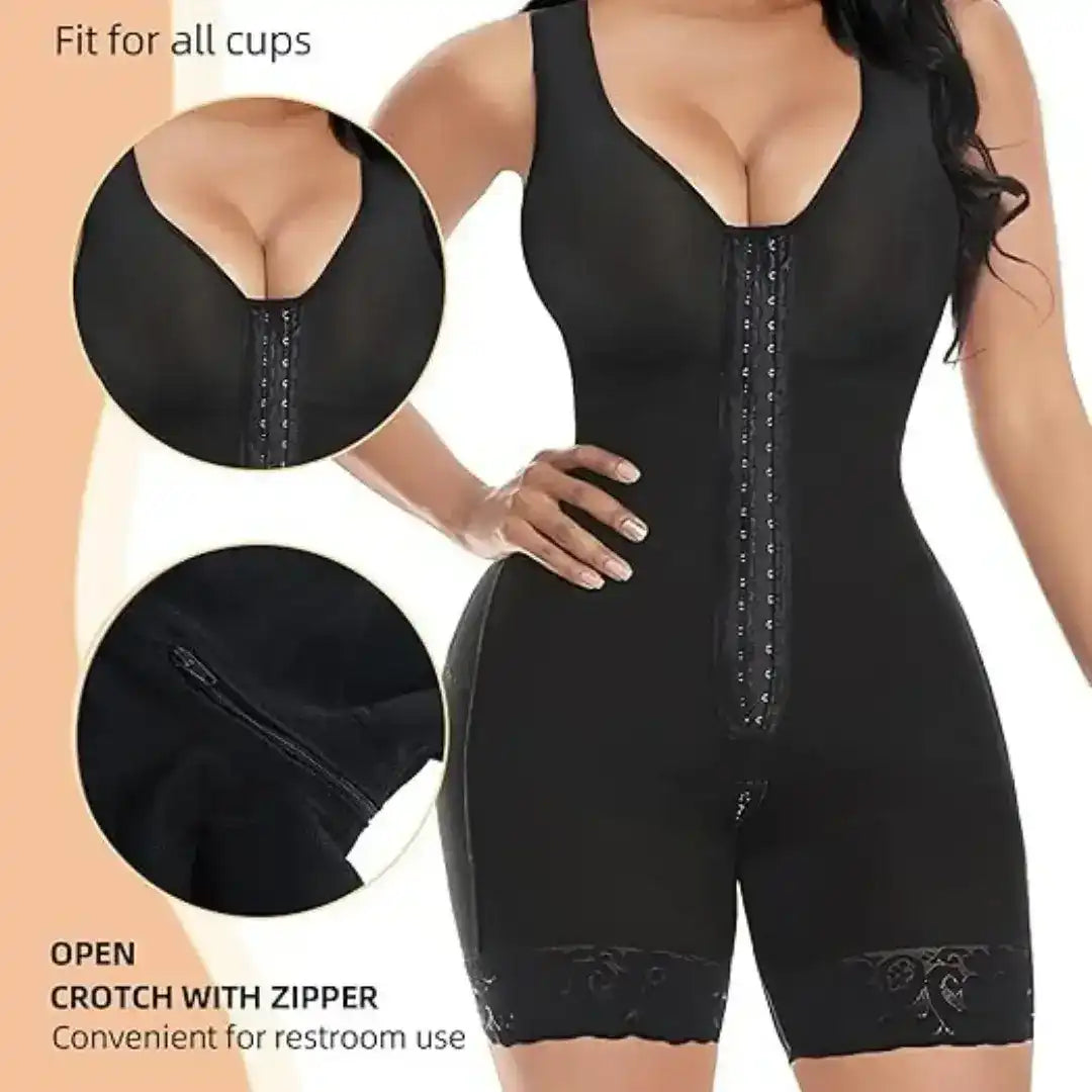 Zip-front shaping bodysuit with shoulder straps and short legs.