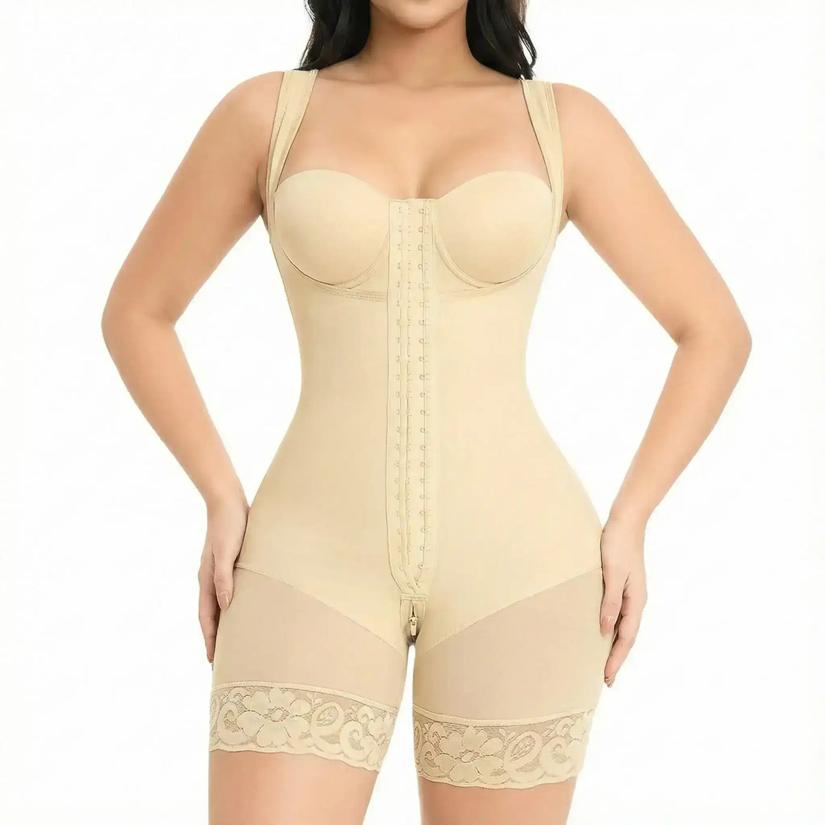 Zip-front shaping bodysuit with shoulder straps and short legs.