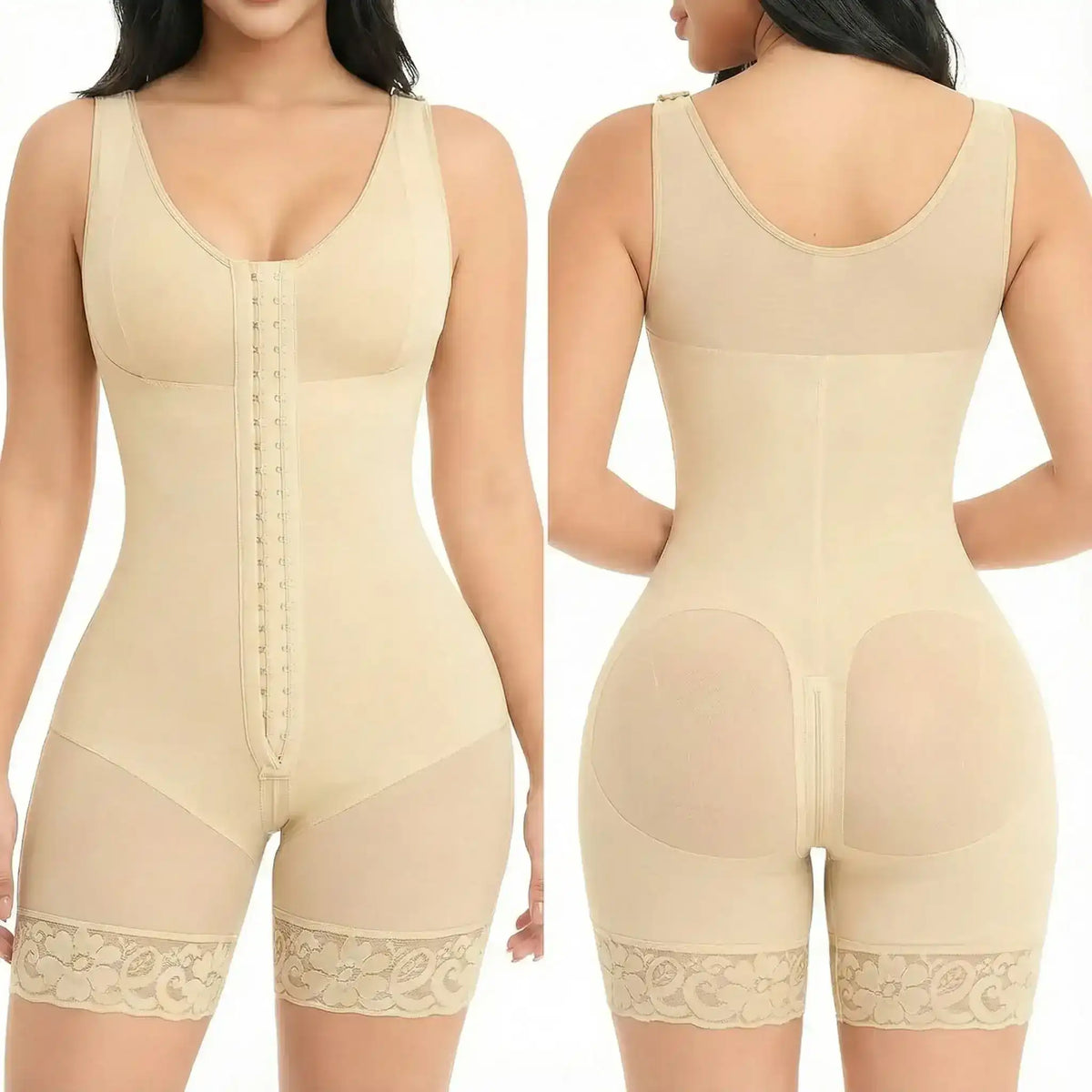 Zip-front shaping bodysuit with shoulder straps and short legs.