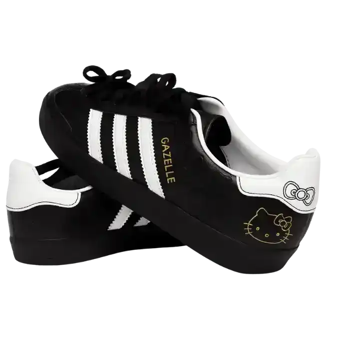 Adidas Gazelle Hello Kitty sneakers in black leather featuring an all-over embossed bow pattern, white three stripes, and a gold outline of Hello Kitty's face on the lateral heel.
