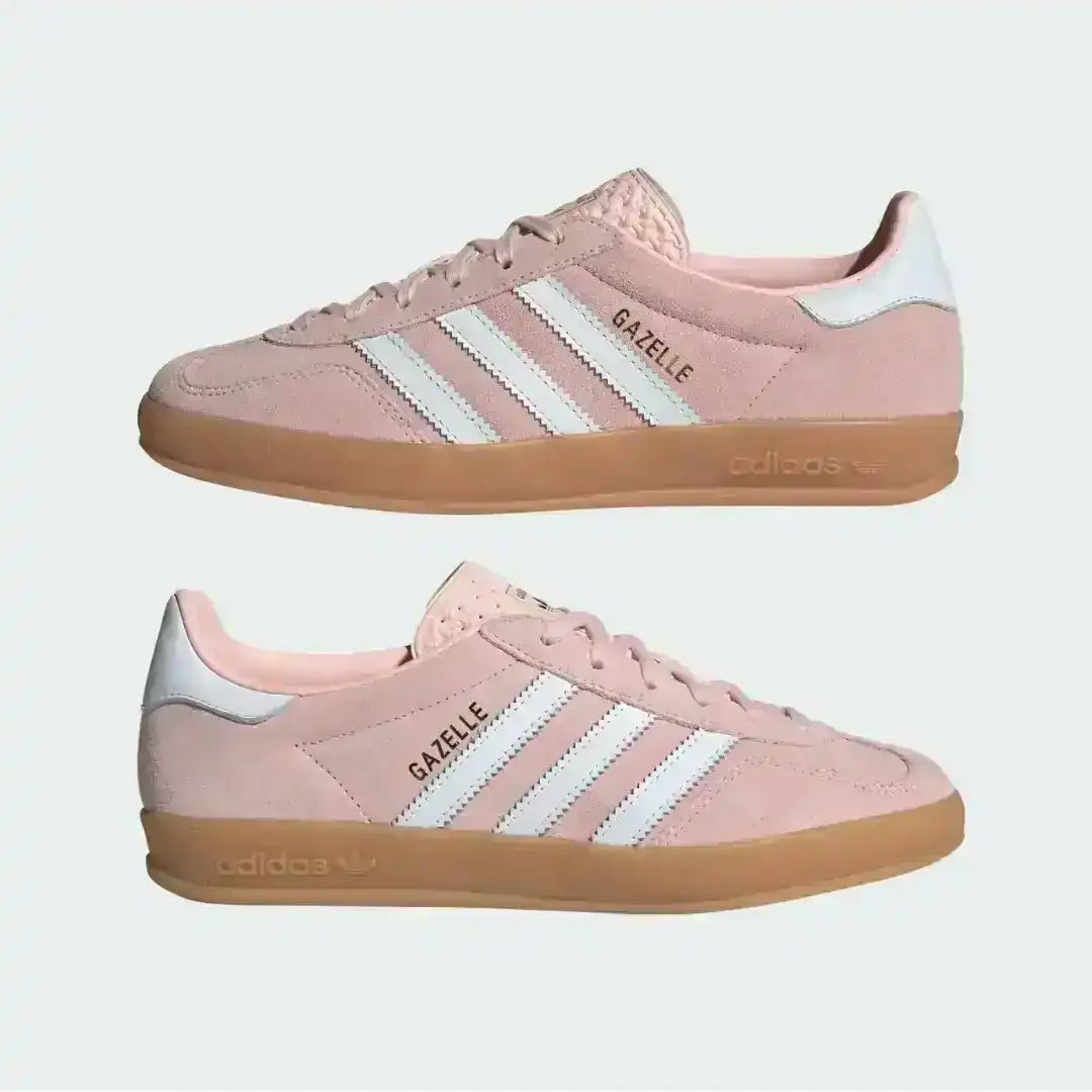 Essential Adidas Gazelle Indoor sneakers for women in pink suede, offering a comfortable fit with a soft leather lining and a traction-focused gum rubber outsole.