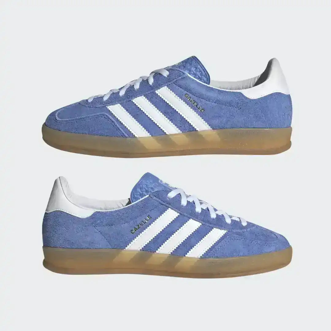 Adidas Gazelle Indoor in Blue and White, showcasing the high-quality suede material and the iconic white leather heel counter detail.