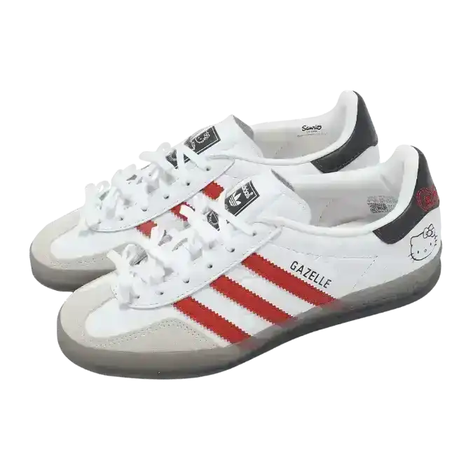 Adidas Gazelle Indoor Hello Kitty collaboration sneaker featuring a white leather upper with an all-over embossed bow pattern, vivid red stripes, and a cute Hello Kitty face on the lateral heel.
