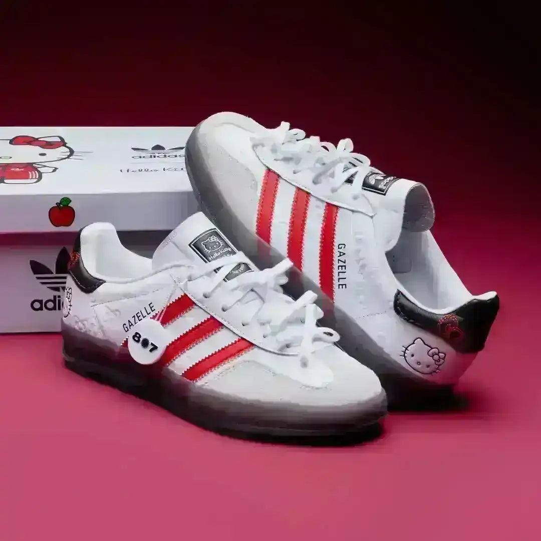 adidas gazelle indoor hello kitty limited edition 2026 white and red profile view