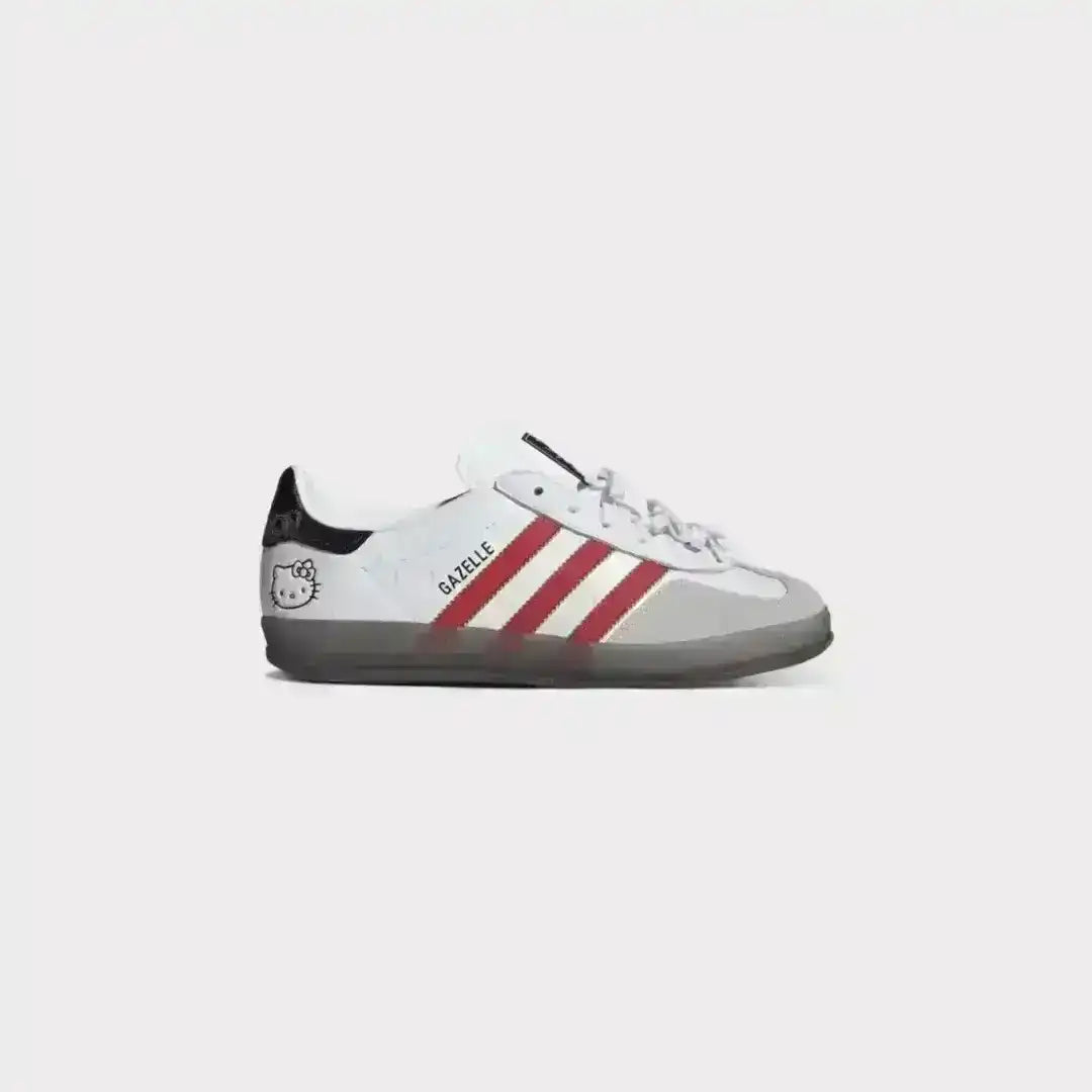 Adidas Gazelle Hello Kitty nude pink white stripes authentic Sanrio collaboration 2025 limited edition women's sneakers premium leather beige Hello Kitty Adidas shoes collectible kawaii