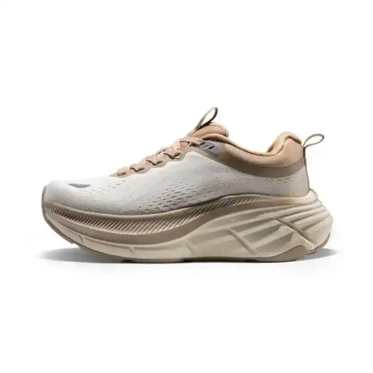 Lightweight beige/khaki running sneakers with breathable mesh, soft cushioning, and a stable platform sole for smooth daily performance.