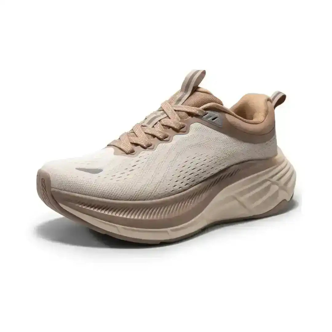 Designed for comfort, these beige/khaki running shoes feature breathable mesh, enhanced cushioning, and a supportive platform for everyday activity.
