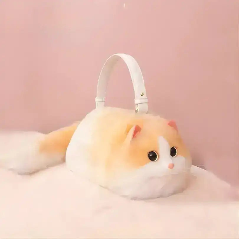 Fuzzy cat-shaped handbag with a handle and long tail detail.