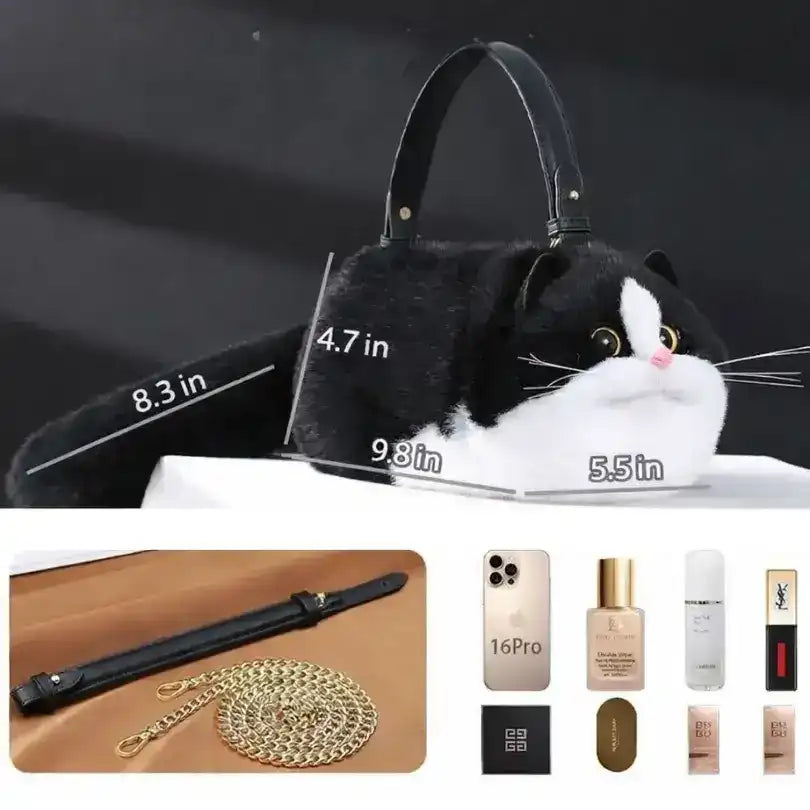 Black cat-shaped handbag with a printed dimensions diagram and detail panels.