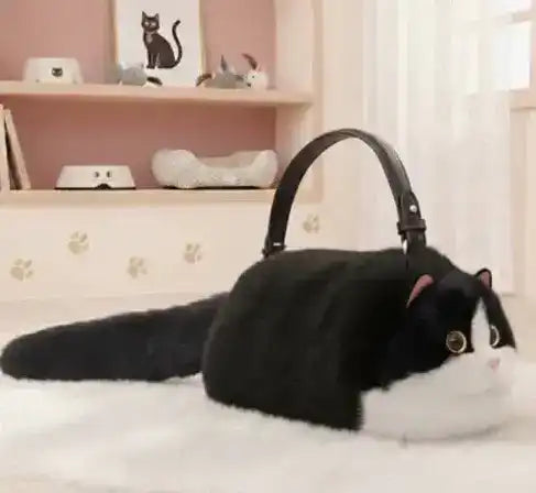 Fuzzy cat-shaped handbag with a handle and long tail detail.