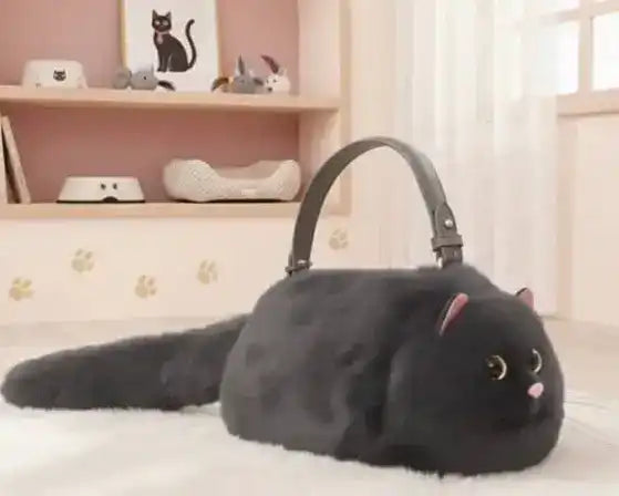 Fuzzy cat-shaped handbag with a handle and long tail detail.
