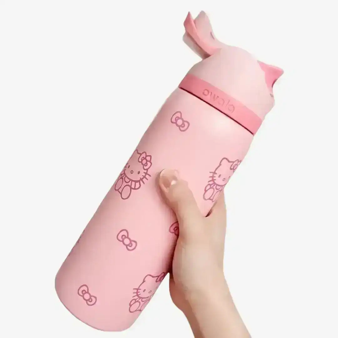 Pink water bottle with Hello Kitty design held by a hand on a white background