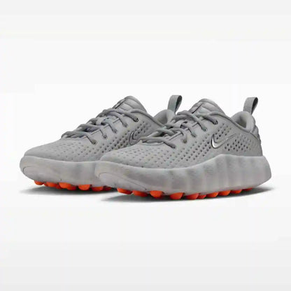 Gray mesh-panel sneakers with orange sole pods, pair view.