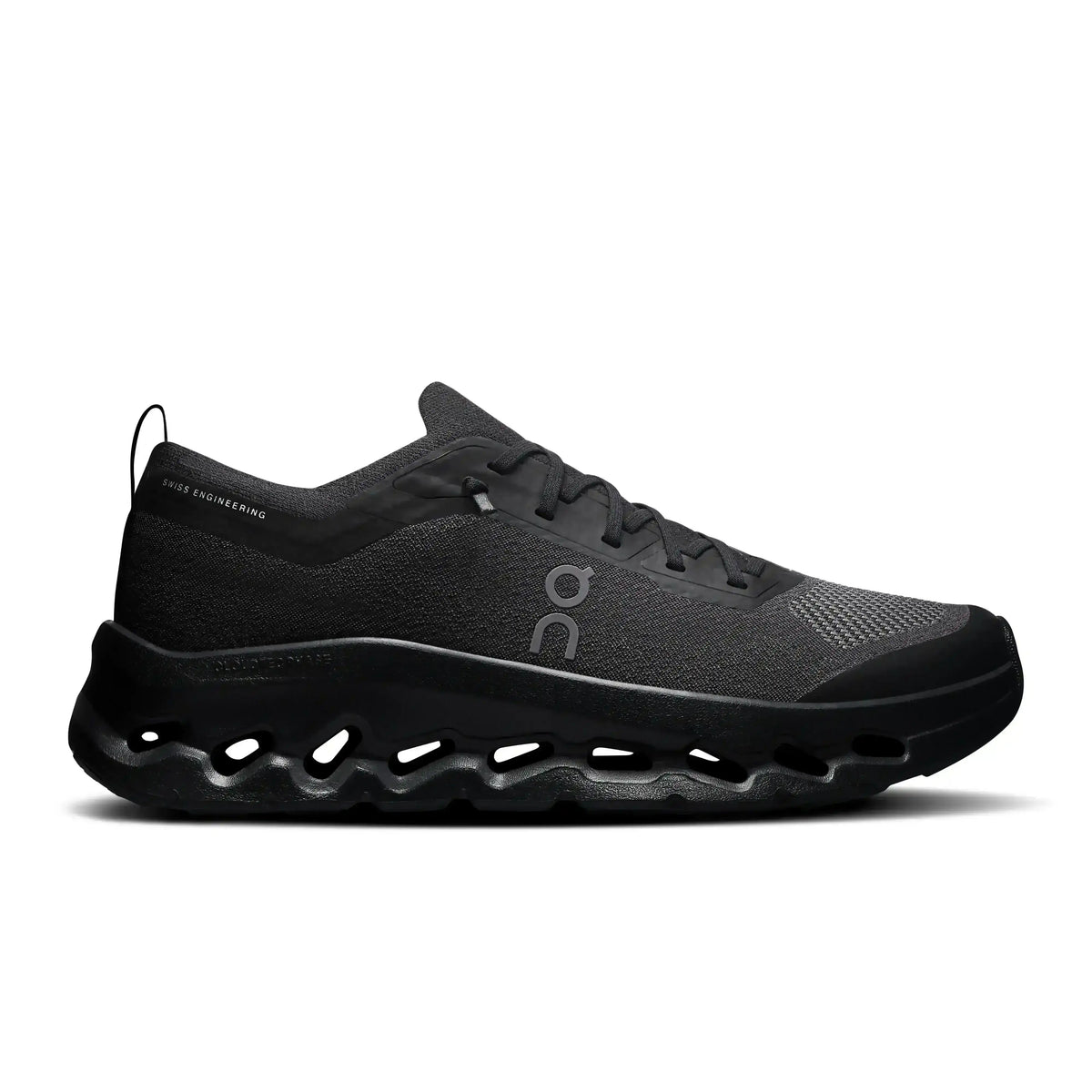 Black lace-up sneakers with cutout-style midsoles.
