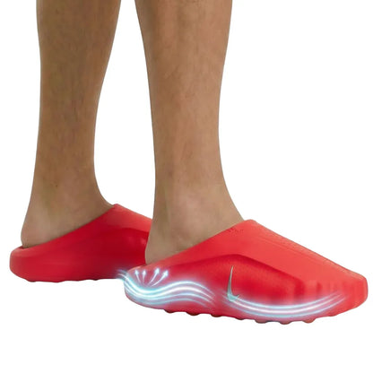 Red backless footwear shown on feet, with sidewall detail graphics.