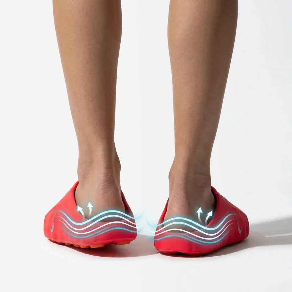 Red backless footwear shown on feet, with sidewall detail graphics.