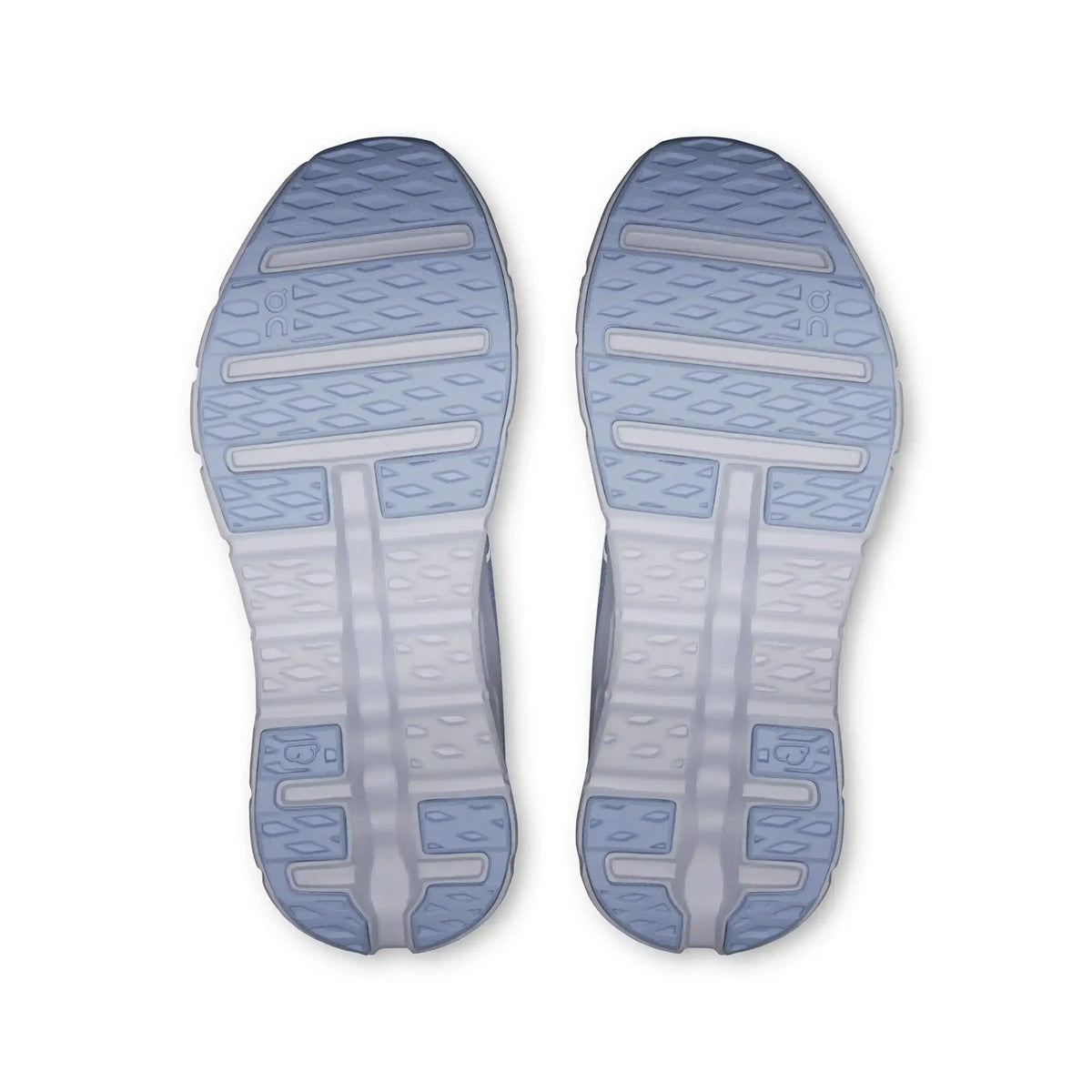 Pale blue sneaker outsoles with segmented tread, bottom pair view.