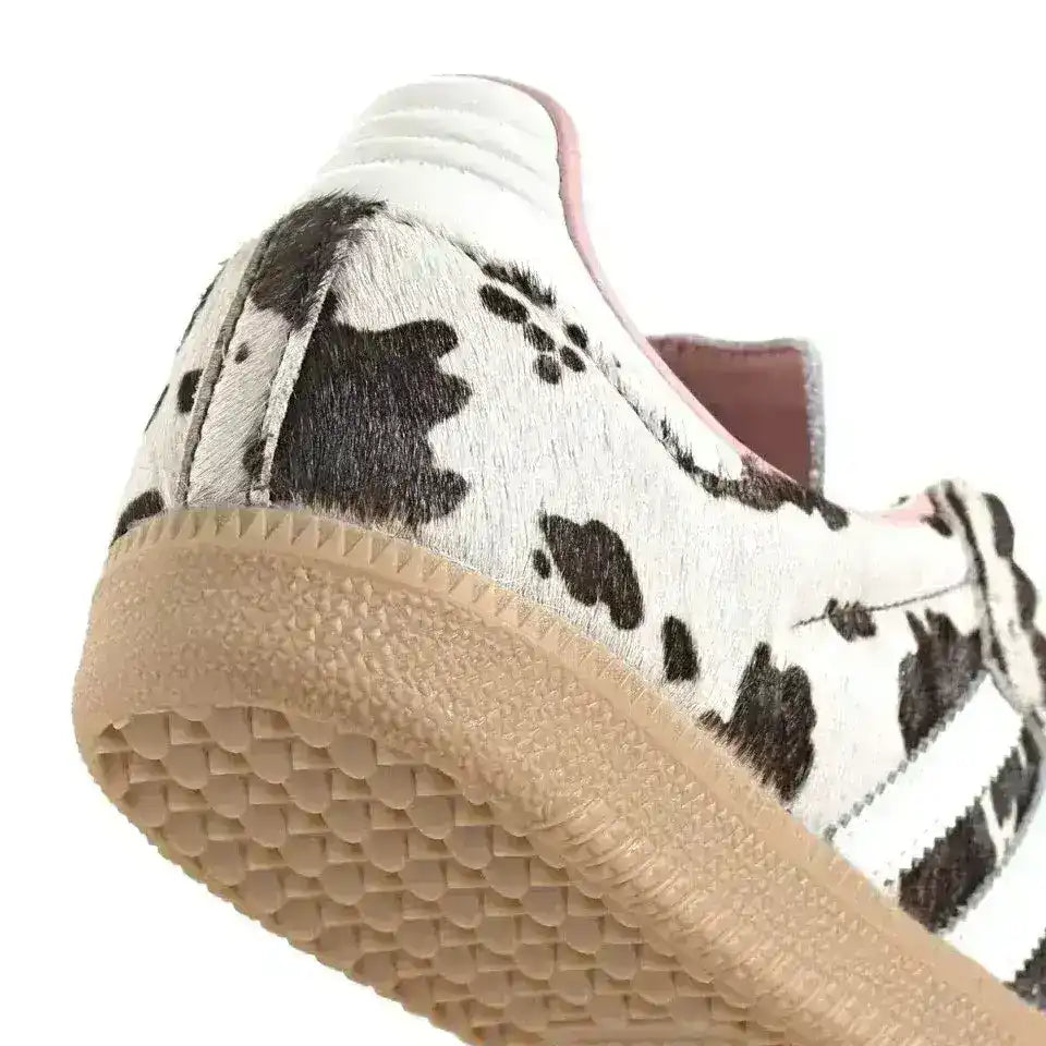 Close up of faux pony hair cow print texture on Adidas Samba