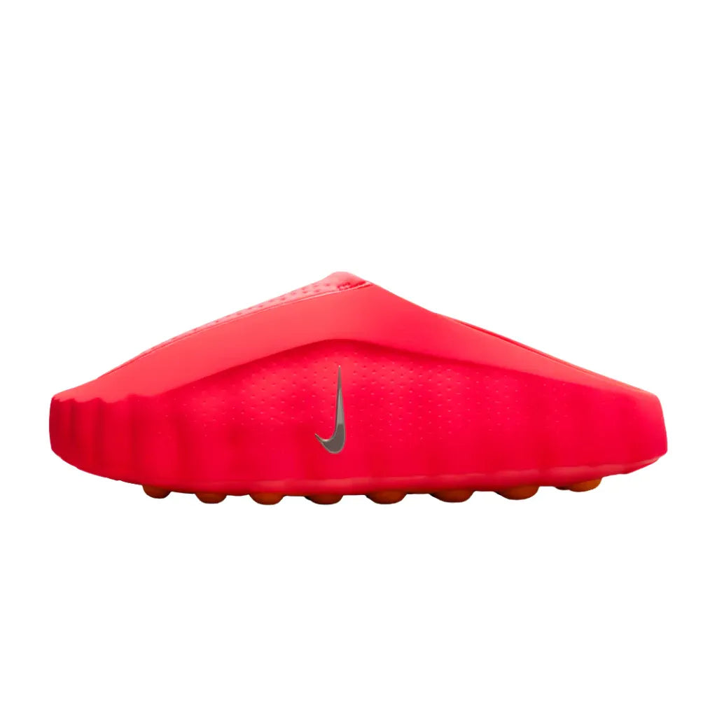 Red backless footwear, side product view.