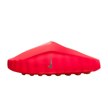 Red backless footwear, side product view.
