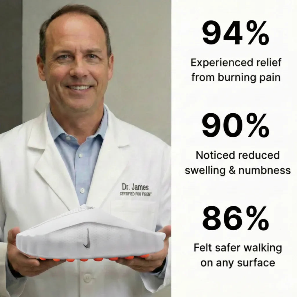 Promotional footwear graphic with a man in a white coat and statistics.