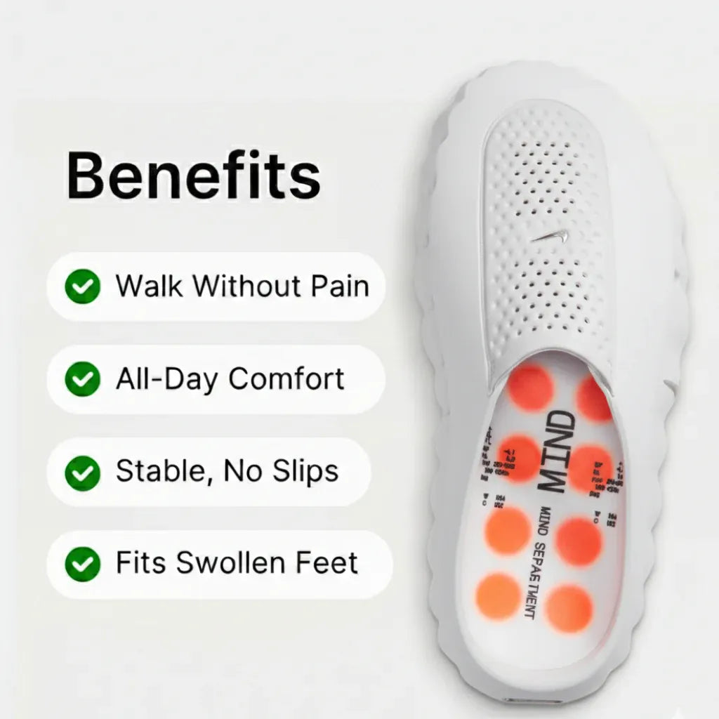 Promotional footwear graphic with a footbed illustration and feature list.